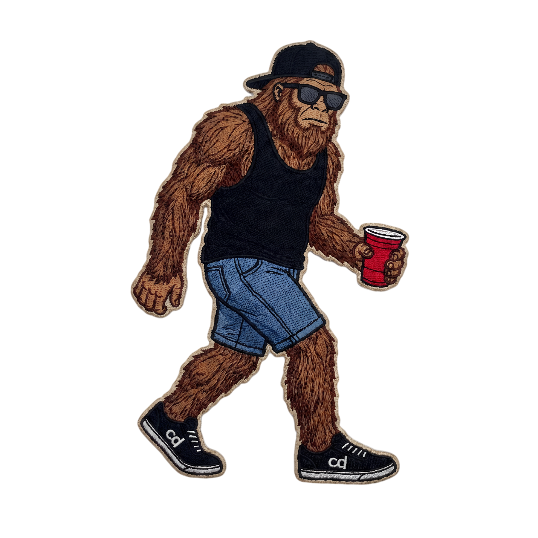 The Chucksquatch: a sasquatch in a backwards cap and sunglasses, walking with a red cup.